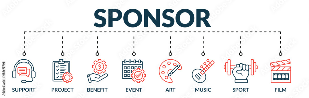 Banner of sponsor web vector illustration concept with icons of support, project, benefit, event, art, music, sport, film Banner of sponsor web vector illustration concept with icons of support, project, benefit, event, art, music, sport, film
