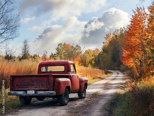 A Rustic Red Pickup Truck on a Winding Country Road in Autumn