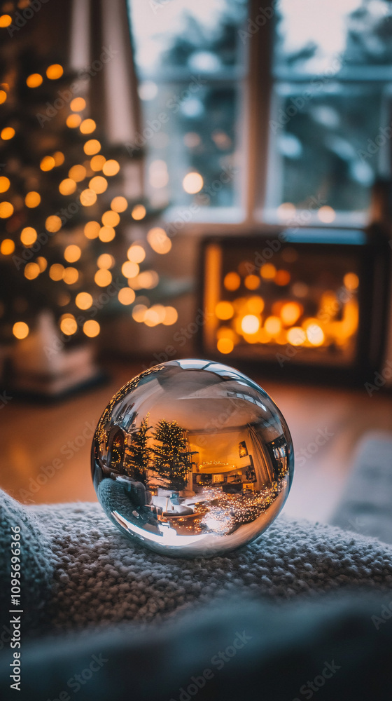 reflective silver christmas ornament reflecting warm lights and a cozy fireplace reflective silver christmas ornament reflecting warm lights and a cozy fireplace