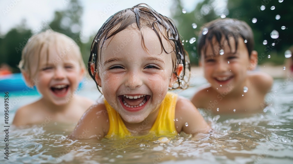 Joyful Children Playing in Water with Splashes and Laughter During a Sunny Day at the Pool, Capturing the Essence of Summer Fun and Friendship Joyful Children Playing in Water with Splashes and Laughter During a Sunny Day at the Pool, Capturing the Essence of Summer Fun and Friendship
