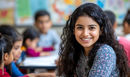 A smiling girl in a classroom setting surrounded by peers, engaged in learning activities.