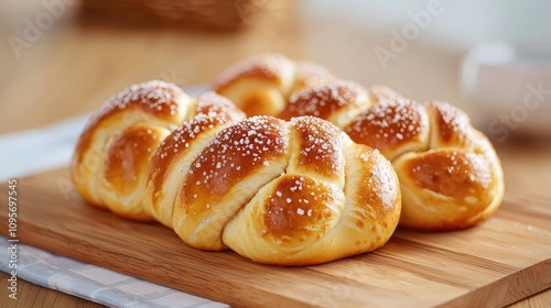 Freshly Baked Sweet Bread Rolls with Sugar Sprinkles on a Wooden Cutting Board in a Bright Kitchen Setting