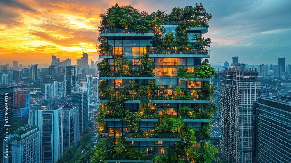 Obraz premium A modern building adorned with greenery against a sunset skyline.