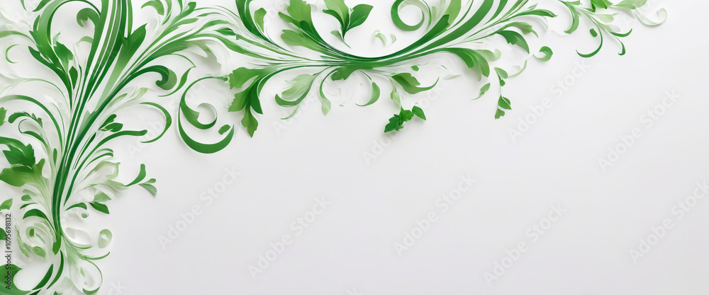 White paper background with green flourishes and copy space White paper background with green flourishes and copy space