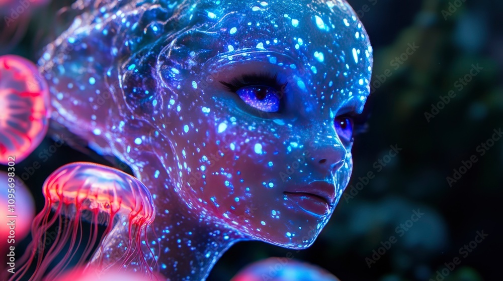 BioLuminescent Alien Woman with Jellyfish