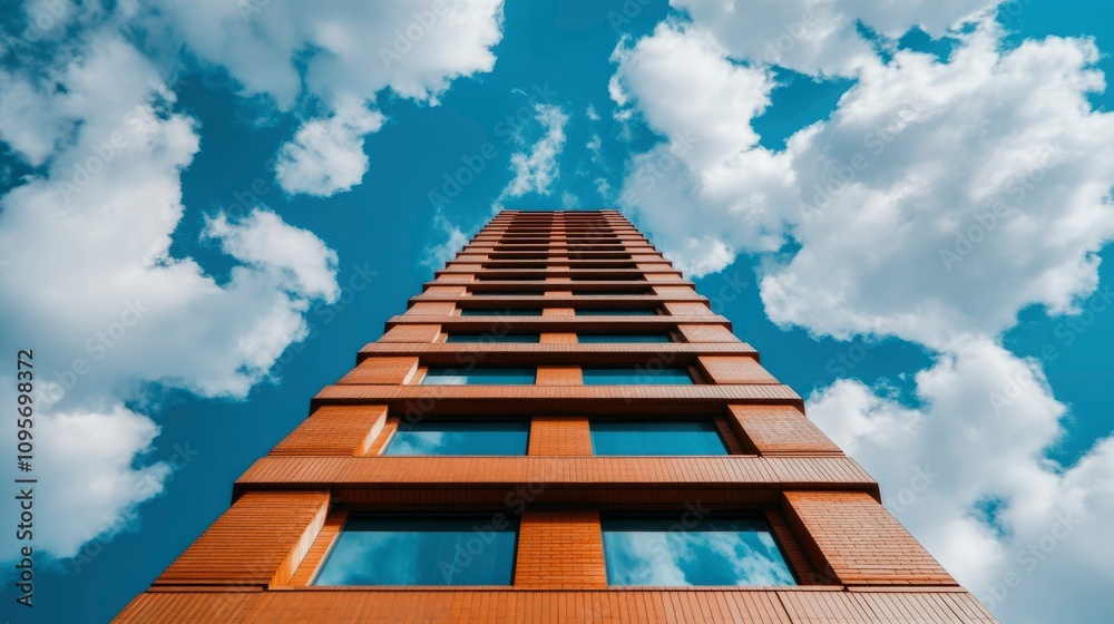 Modern Brick Skyscraper Reaching for the Sky on a Cloudy Day Modern Brick Skyscraper Reaching for the Sky on a Cloudy Day