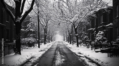 black and white snowy residential street with trees