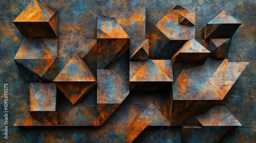 Abstract geometric shapes with a textured surface in blue and orange tones.