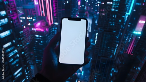 A hand holding an iPhone with a white screen, a city skyline in the background, neon lights, nighttime