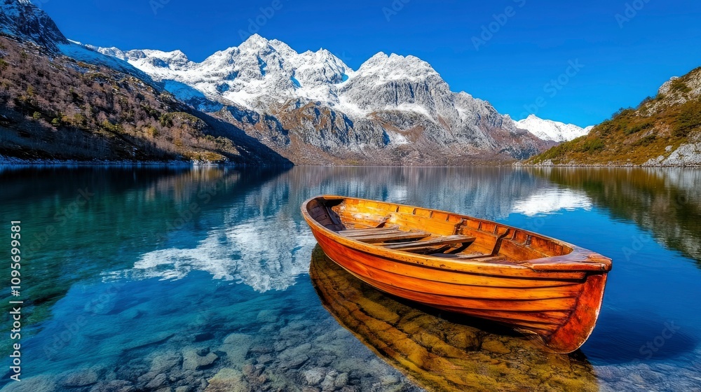 Serene Wooden Rowboat on a Crystal Clear Alpine Lake with Majestic Snowy Mountains Serene Wooden Rowboat on a Crystal Clear Alpine Lake with Majestic Snowy Mountains