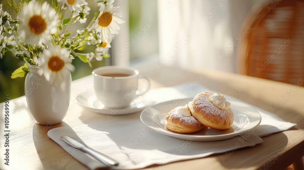 Fresh Pastries with Coffee and Flowers on a Sunny Table Fresh Pastries with Coffee and Flowers on a Sunny Table