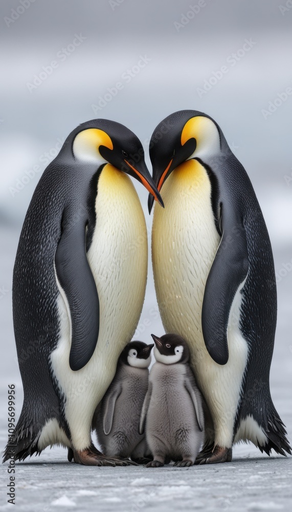 Naklejka premium A family of penguins huddled together on an icy landscape.