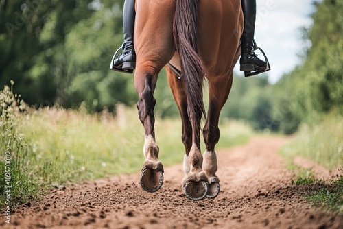 Front view of a woman horseback riding on a trail close-up of the horse’s hooves