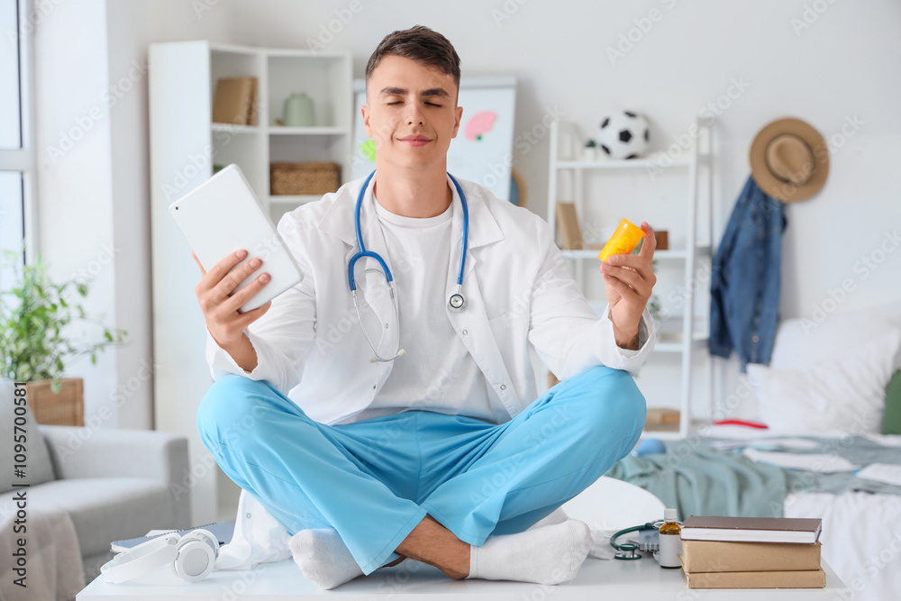 Male medical student with tablet and pills meditating on table at home Male medical student with tablet and pills meditating on table at home