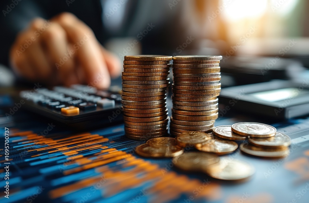 Businessman using a calculator with stacked coins and graphs on the desk Businessman using a calculator with stacked coins and graphs on the desk