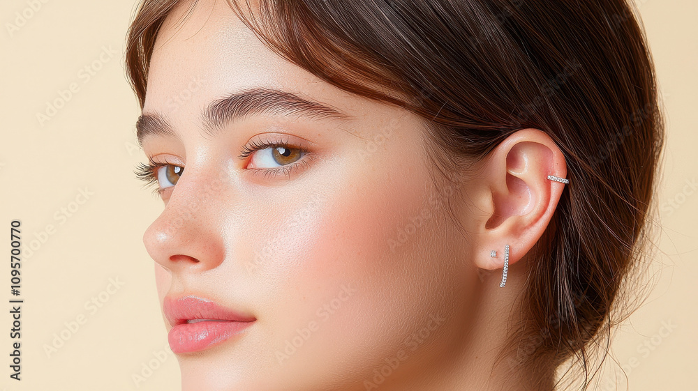 Elegant ear cuff and climber earrings showcased on model ear, highlighting modern jewelry design. soft lighting enhances beauty of accessories and model features Elegant ear cuff and climber earrings showcased on model ear, highlighting modern jewelry design. soft lighting enhances beauty of accessories and model features