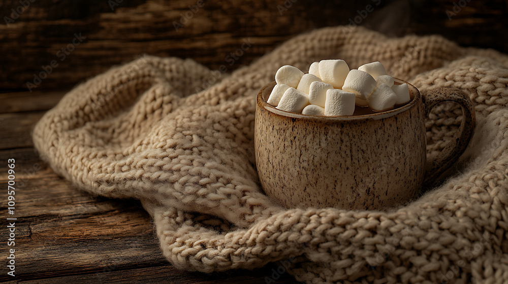 A cozy scene with a ceramic mug of hot cocoa topped with marshmallows, surrounded by a knitted blanket on a rustic wooden surface A cozy scene with a ceramic mug of hot cocoa topped with marshmallows, surrounded by a knitted blanket on a rustic wooden surface