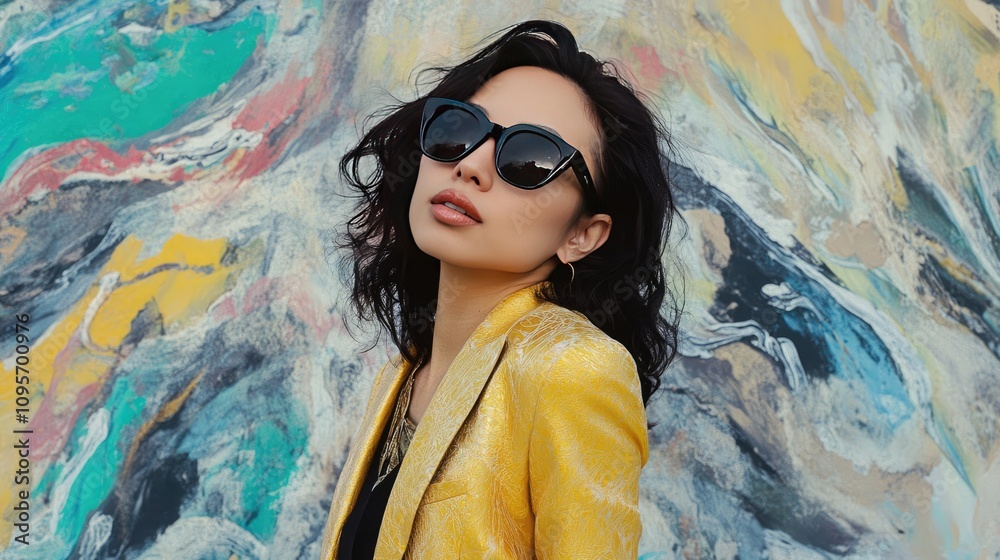 Stylish Woman in Yellow Blazer Posing Against Colorful Background