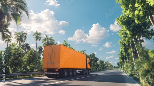 Orange truck on tropical highway. (1) photo