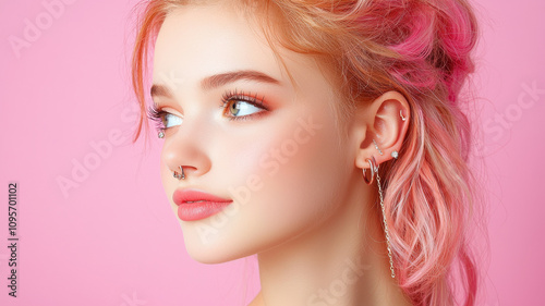 Delicate ear piercings with chains enhance youthful beauty and charm of this model against soft pink background, creating striking visual appeal