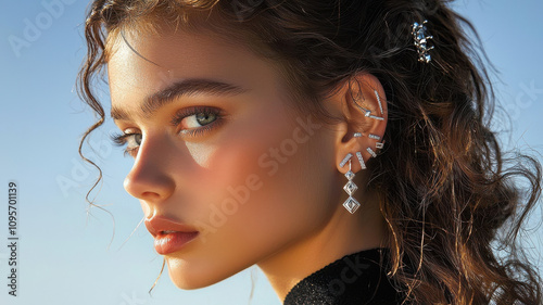 Stylish ear piercings with multiple studs enhance beauty of this model. shimmering jewelry complements her radiant skin and captivating gaze, creating striking visual
