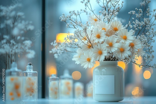 White Daisies Baby s Breath Bouquet in Jar Cozy Home Decor photo