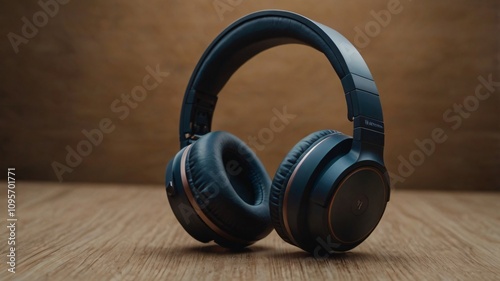 High-quality wireless headphones displayed on a wooden surface in a cozy ambient setting during the evening