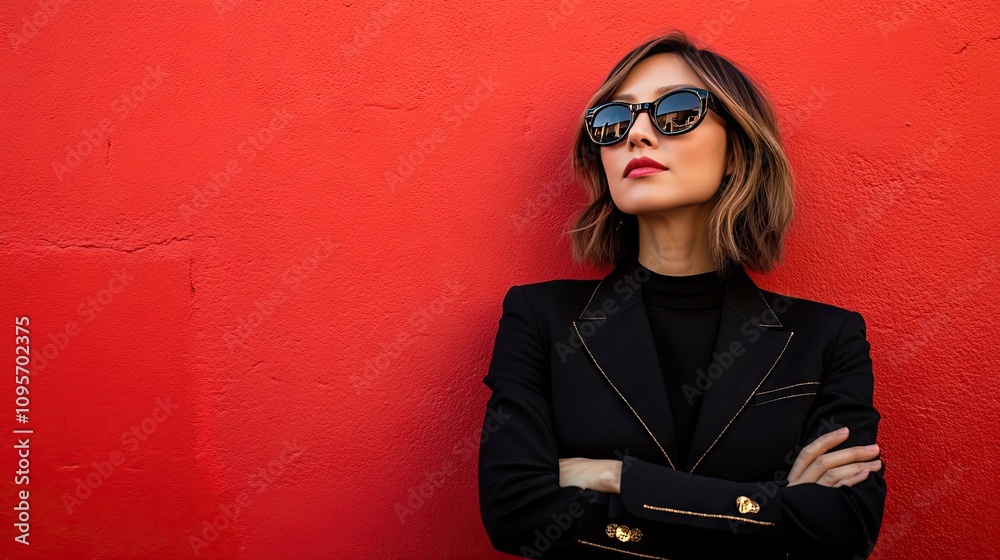 Stylish Woman in Sunglasses Posing Against Bold Red Wall Stylish Woman in Sunglasses Posing Against Bold Red Wall