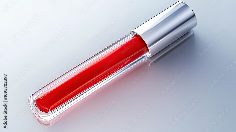 Glossy Red Lip Gloss Tube with Silver Cap on a Reflective Surface Glossy Red Lip Gloss Tube with Silver Cap on a Reflective Surface
