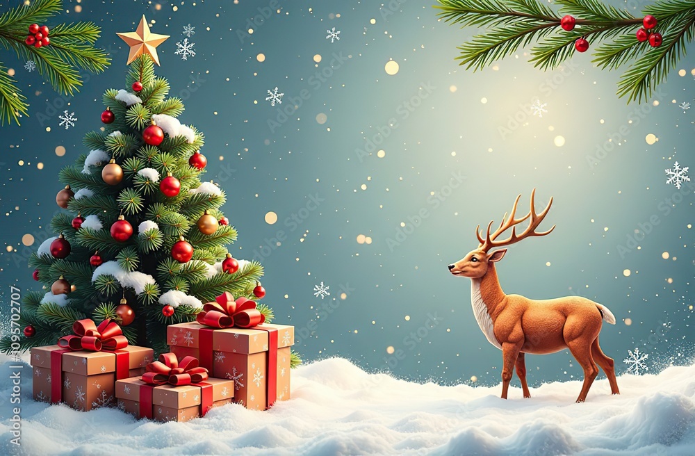 Set of Christmas and New Year greeting cards with xmas decoration. Winter Holiday Posters or banners design in modern realistic style with fir branches, gift boxes, christmas tree toys deer and stars 