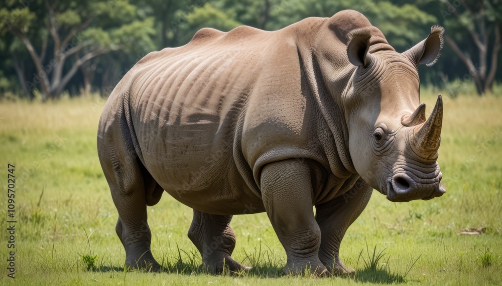 Fototapeta premium A powerful rhinoceros standing in a grassy field