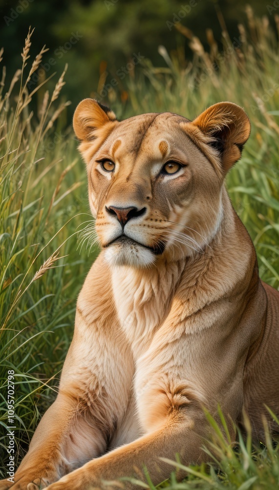 Obraz premium A regal lioness resting in the tall grass.