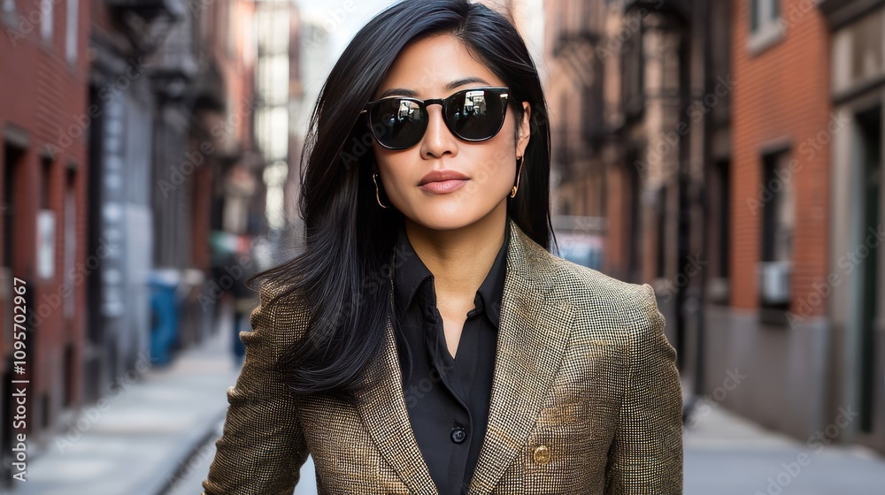 Confident Woman in Sunglasses Posing on Urban City Street Confident Woman in Sunglasses Posing on Urban City Street