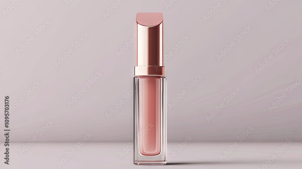 Elegant Rose Gold Lip Gloss in Clear Container on Neutral Background Elegant Rose Gold Lip Gloss in Clear Container on Neutral Background