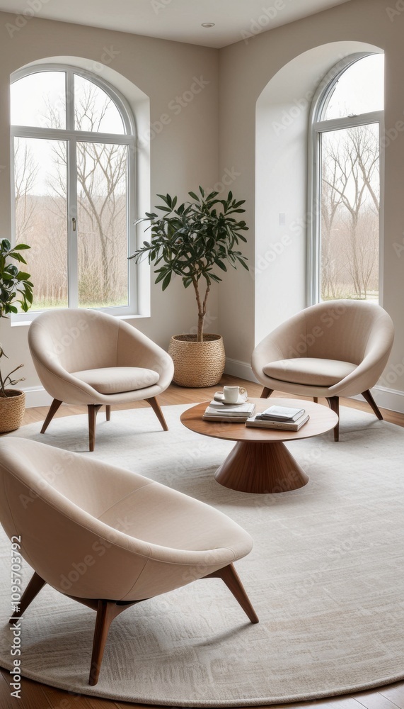 Elegant living room with a minimalist aesthetic, showcasing soft round chairs, a cozy rug, and large windows in a neutral color palette Elegant living room with a minimalist aesthetic, showcasing soft round chairs, a cozy rug, and large windows in a neutral color palette