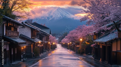 decorated traditional japanese village on Christmas eve between the beautiful road to Fuji mountain, Japan

