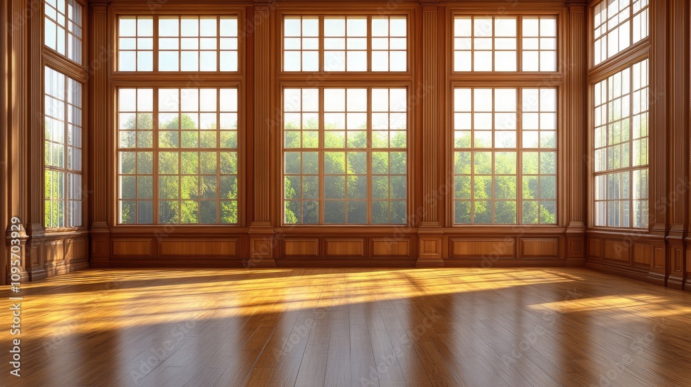 Spacious wooden interior with large windows and natural light Spacious wooden interior with large windows and natural light