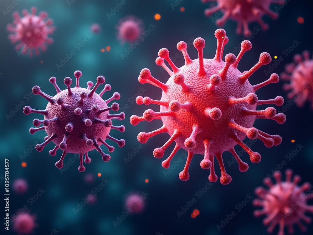 Coronavirus particles floating in a dark environment, causing respiratory illness Coronavirus particles floating in a dark environment, causing respiratory illness