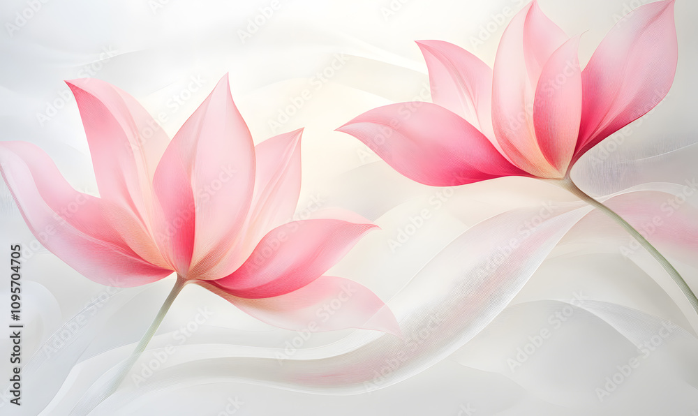 Fototapeta premium modern 2D doodle cartoon flower concept with open space for text, featuring whimsical floral and leafy elements on crisp white backgrounds.