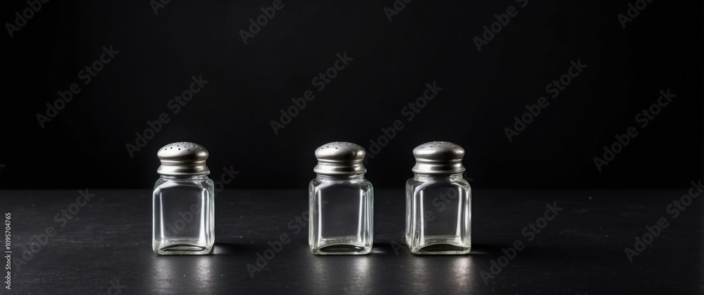 Three glass salt shakers with metal lids set against a dark background, showcasing simple kitchen essentials.