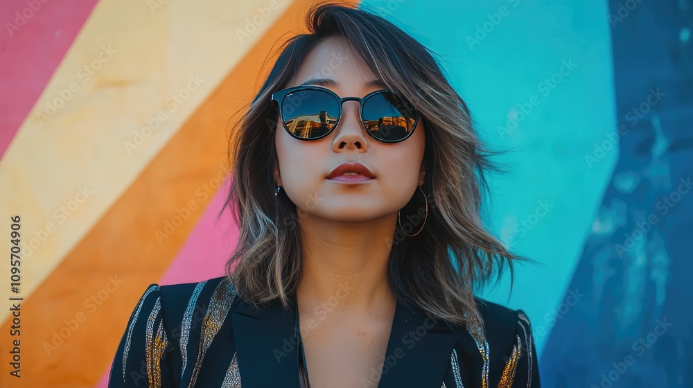 Confident Young Woman in Sunglasses Against Vibrant Wall Colors Confident Young Woman in Sunglasses Against Vibrant Wall Colors