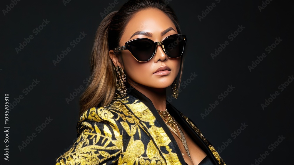 Obraz premium Fashionable Woman in Elegant Black and Gold Outfit with Sunglasses