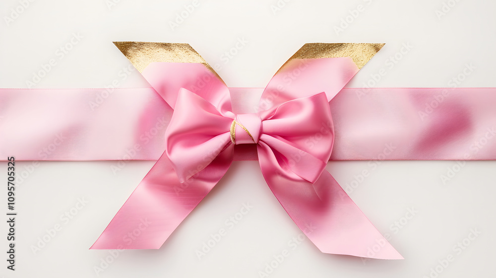 Elegant Pink and Golden Ribbon and Bow on White Background – Minimalist Decorative Design Perfect for Gift Wrapping, Packaging, Social Media, Invitations, Branding, Ads, Product Catalogs, E-commerce
