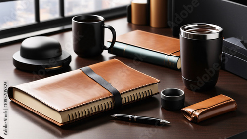 modern office objects, notebook, agenda, pen, cup or thermos
