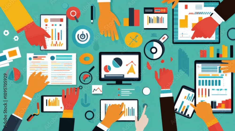 Fototapeta premium Collaborative Analyzing of Data with Graphs, Charts, and Devices on a Colorful Table in a Modern Workspace Environment