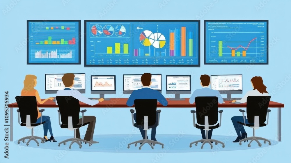 Team of professionals analyzing data on multiple screens in a modern office environment, showcasing charts and graphs for strategic decision-making and analytics. Team of professionals analyzing data on multiple screens in a modern office environment, showcasing charts and graphs for strategic decision-making and analytics.
