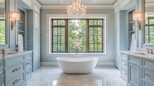 Luxurious bathroom with freestanding tub and large window.