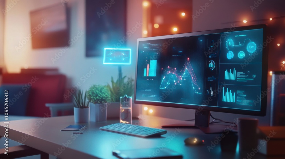 Modern Workspace with Data Analytics on Computer Screen Modern Workspace with Data Analytics on Computer Screen