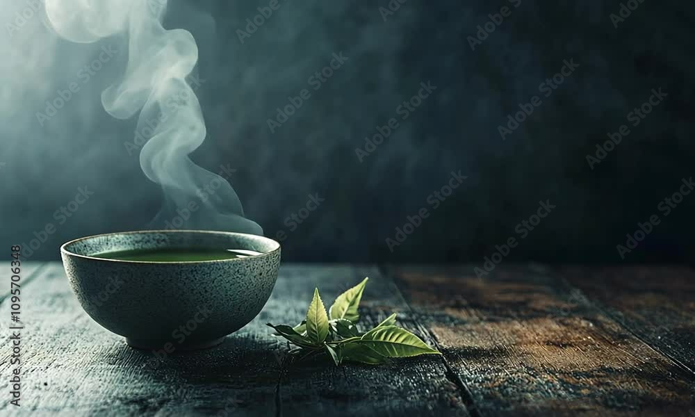 A steaming bowl of tea with fresh leaves on a rustic wooden surface. A steaming bowl of tea with fresh leaves on a rustic wooden surface.