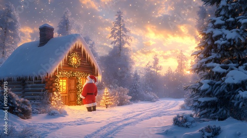 A cozy wooden cabin in a snow-covered landscape with Santa standing at the door, illuminated by warm golden light.